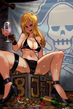 1girl alcohol arm_support arm_tattoo artist_request bikini black_bikini blonde_hair blue_eyes blush breasts cleavage come_hither cup drinking_glass fatal_fury feet fingerless_gloves garou:_mark_of_the_wolves gloves gold high_heels highres b._jenet jewelry large_breasts legs licking_lips long_hair looking_at_viewer makeup money naughty_face navel red_lips seductive_smile sexually_suggestive sitting smile snk solo spread_legs suggestive_fluid swimsuit tattoo the_king_of_fighters thighs tongue tongue_out treasure_chest underboob wine_glass