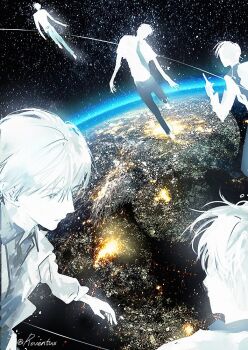 5boys atmospheric_layer black_necktie black_shirt coat collared_shirt commentary_request earth_(planet) floating full_body kim_dokja korean_commentary looking_at_another multiple_boys multiple_persona necktie omniscient_reader's_viewpoint open_clothes open_coat planet progression roventus shirt short_hair space white_coat white_hair white_shirt