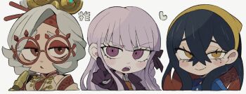 3girls black_gloves black_hair black_ribbon blue_jacket carmine_(pokemon) collared_shirt crossed_bangs crossover danganronpa:_trigger_happy_havoc danganronpa_(series) eyelashes eyeshadow glasses gloves hair_ornament hair_ribbon hair_stick hairband jacket kiirono kirigiri_kyoko long_hair looking_at_viewer makeup mole mole_under_eye multiple_crossover multiple_girls necktie nintendo open_mouth parted_lips pokemon pokemon_sv purah purple_eyes purple_hair red-framed_eyewear red_eyes red_eyeshadow red_hair ribbon round_eyewear shirt simple_background smile the_legend_of_zelda the_legend_of_zelda:_tears_of_the_kingdom upper_body