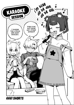 3girls absurdres ahoge animal_ear_fluff animal_ears asymmetrical_bangs blue_(eiffel_65) bowl breasts can cleavage_cutout closed_eyes clothing_cutout controller couch crossed_legs cup disposable_cup eighth_note english_text extra_ears flat_chest go!_go!_gris! greyscale gris_(go!_go!_gris!) hair_between_eyes highres holding holding_can holding_cup holding_microphone kara_(go!_go!_gris!) karaoke karaoke_box long_sleeves looking_at_another lyrics medium_breasts microphone miniskirt monochrome multiple_girls music musical_note open_mouth overalls perl_(go!_go!_gris!) remote_control short_hair sidelocks singing sitting skirt smile speech_bubble standing sweatdrop sweater table tail vertigris