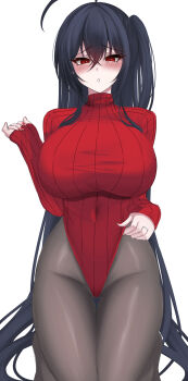 1girl ahoge alternate_costume asymmetrical_hair azur_lane black_hair black_pantyhose blush breasts commentary covered_navel crossed_bangs feet_out_of_frame finger_under_clothes furrowed_brow hair_between_eyes heattech_leotard highleg highleg_leotard highres huge_ahoge impossible_clothes impossible_leotard kneeling large_breasts leotard long_hair looking_at_viewer nail_polish one_side_up pantyhose parted_lips red_eyes red_leotard red_nails ribbed_leotard shigenohara_kitoha sidelocks simple_background sleeved_leotard sleeves_past_wrists solo taihou_(azur_lane) thigh_gap turtleneck very_long_hair white_background