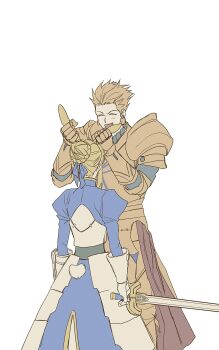 0304rong0304 1boy 1girl absurdres animal_ears armor armored_dress artoria_pendragon_(fate) blonde_hair blue_dress braid bun_with_braided_base closed_eyes commentary_request dress earrings excalibur_(fate/stay_night) fang fate/stay_night fate_(series) gauntlets gilgamesh_(fate) gold_armor grabbing_another&#039;s_ear hair_bun hair_ribbon hand_on_another&#039;s_ear height_difference highres holding holding_sword holding_weapon jewelry juliet_sleeves kemonomimi_mode korean_commentary long_dress long_sleeves puffy_sleeves rabbit_ears rabbit_girl rabbit_tail ribbon saber_(fate) single_hair_bun sword tail weapon