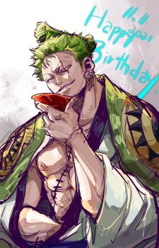 Rule 34 | 1boy, chonmage, cup, dated, earrings, green kimono, happy birthday, highres, holding, holding cup, japanese clothes, jewelry, kimono, male focus, one eye closed, one piece, roronoa zoro, scar, scar on face, smile, solo, stitched torso, stitches, topknot, upper body, white kimono, wide sleeves, yuan jessie0430
