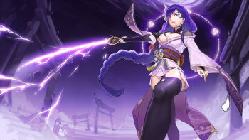 Rule 34 | 1girl, arm up, asymmetrical sleeves, blunt bangs, braid, breasts, bridal gauntlets, cleavage, commentary, electricity, from below, genshin impact, glowing, glowing sword, glowing weapon, hair ornament, highres, holding, holding sword, holding weapon, huge breasts, japanese clothes, katana, kimono, long braid, long hair, looking at viewer, looking down, mitsudomoe (shape), musou isshin (genshin impact), nero (nilu), off shoulder, open mouth, purple background, purple eyes, purple hair, purple kimono, purple sky, purple thighhighs, raiden shogun, red sash, sash, single braid, sky, solo, standing, storm, sword, thighhighs, tomoe (symbol), uneven sleeves, upper body, weapon, wide sleeves