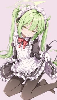 1girl alternate_costume apron black_dress black_pantyhose black_tail blue_archive bow bowtie commentary_request demon_girl demon_tail dress enmaided frilled_apron frilled_dress frills gloves green_hair green_halo grey_background grin halo highres juliet_sleeves long_hair long_sleeves looking_at_viewer maid maid_apron maid_headdress no_shoes nozomi_(blue_archive) paid_reward_available pantyhose parted_lips partial_commentary pointy_ears puffy_sleeves red_bow red_bowtie sabana simple_background sitting smile solo tail twintails white_apron white_gloves yellow_eyes yokozuwari