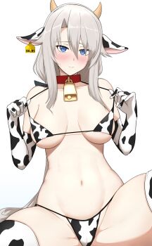 1girl 9a-91_(girls&#039;_frontline) animal_ears animal_print areola_slip bell bikini bikini_pull blue_eyes blush breasts character_name closed_mouth clothes_pull collarbone commentary cow_ears cow_print cow_print_bikini cow_print_gloves cow_print_thighhighs cowbell elbow_gloves english_commentary fake_animal_ears girls&#039;_frontline gloves grey_hair hair_between_eyes highres horns large_breasts long_hair navel print_bikini print_gloves print_thighhighs revision smile solo spread_legs stomach sumi_ojie swimsuit thighhighs