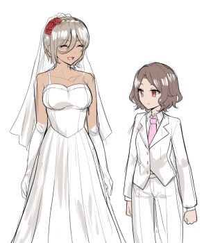 2girls bow bowtie breasts bridal_veil brown_hair chinese_commentary closed_eyes closed_mouth commentary_request dark-skinned_female dark_skin dress ebizuka_tomo elbow_gloves flower formal_clothes girls_band_cry gloves grey_hair hair_flower hair_ornament jacket large_breasts looking_at_another multiple_girls open_mouth pants pink_bow pink_bowtie pink_eyes raya_(yuri15923) red_flower rupa_(girls_band_cry) short_hair simple_background smile suit suit_jacket veil wedding_dress white_background white_gloves white_jacket white_pants white_suit wife_and_wife yuri