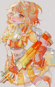 1girl blonde_hair character_request colored_eyebrows commentary_request cropped_shirt denonbu grey_background gun highres holding holding_gun holding_weapon parted_lips pleated_skirt puffy_short_sleeves puffy_sleeves shinjitsu_no_kuchi shirt short_hair short_sleeves simple_background skirt smile socks solo weapon white_skirt white_socks yellow_background yellow_eyes yellow_shirt yellow_skirt