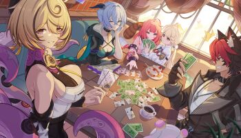 1boy 4girls ? ?? ^^^ absurdres alice_thymefield animal_ear_fluff animal_ear_piercing animal_ears animal_on_back bare_shoulders black_gloves black_hair black_hat black_unitard blonde_hair blue_hair braid braided_twintails breasts bupa_chila cake cake_slice card cardigan chest_bow choker cleavage closed_mouth coffee collar collarbone crossed_bangs cup curtains detached_sleeves dog_boy dog_ears fingerless_gloves food gloves goat_ears goat_girl goat_horns green_eyes hair_between_eyes hair_intakes hair_ornament hashtag-only_commentary hat head_rest heterochromia high-waist_shorts highres horizontal_pupils horns indoors jewelry kamanosuke_(zenless_zone_zero) key key_choker komano_manato large_breasts long_hair looking_at_viewer low_twintails lucia_elowen mole mole_under_mouth multicolored_hair multiple_girls muscular muscular_male necklace one_eye_closed open_mouth parted_lips pectorals pink_cardigan plate playing_card pointy_ears purple_eyes rabbit_ears rabbit_girl raccoon red_eyes red_hair scar scar_across_eye scar_on_chest scar_on_face shirt short_hair shorts sitting smile sphere_hair_ornament suction_cups table tentacle_girl tentacle_tail tentacles twintails ukinami_yuzuha white_shirt window yellow_eyes yidhari_murphy zenless_zone_zero