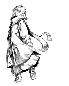 1girl :d ahoge arm_behind_back asya_shubina blush closed_eyes coat dress facing_viewer from_behind full_body hatching_(texture) highres kilsturgeon long_dress open_clothes open_coat open_mouth pimple scarf short_hair simple_background smile solo standing white_background z.a.t.o._//_i_love_the_world_and_everything_in_it