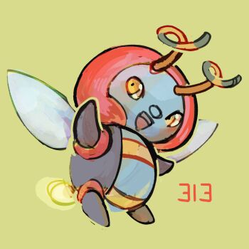 antennae brown_eyes full_body gen_3_pokemon green_background highres insect_wings kurapixel nintendo no_humans numbered open_mouth pokemon pokemon_(creature) simple_background solo teeth upper_teeth_only volbeat wings