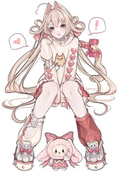 ! 1girl absurdres ahoge animal_ears asymmetrical_footwear azumanga_daiou bell between_legs blonde_hair bow brown_hair character_print commentary cursor double-parted_bangs full_body hair_ornament hand_between_legs hand_cursor heart highres jingle_bell knees long_hair long_sleeves looking_at_viewer mihama_chiyo&#039;s_father mismatched_footwear mismatched_socks open_mouth original red_bow red_socks rosheil simple_background sitting sleeves_past_fingers sleeves_past_wrists socks solo speech_bubble spiked_boots spoken_exclamation_mark spoken_heart stuffed_animal stuffed_toy sweater symbol-only_commentary tail tail_bell tail_bow tail_ornament twintails very_long_hair white_background yellow_socks yellow_sweater