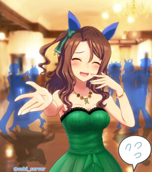 bare_shoulders black_gloves breasts brown_hair buttons commentary_request dress ear_covers gloves green_dress horse_girl jewelry king_halo_(umamusume) looking_at_viewer multiple_boys multiple_girls necklace open_mouth red_eyes seki_(hyokosho) twitter_username umamusume upper_body