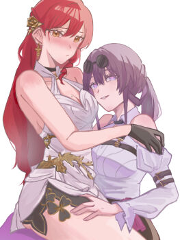 Rule 34 | 2girls, black gloves, breasts, chest harness, choker, commentary request, dress, drill hair, drill ponytail, eyewear on head, flower choker, flower ornament, glasses, gloves, golden rose, harness, himeko (honkai: star rail), honkai: star rail, honkai (series), kafka (honkai: star rail), klklmomo2245, mole, mole on breast, multicolored eyes, multiple girls, pantyhose, pantyhose under shorts, pince-nez, ponzu (csvc8775), purple-tinted eyewear, purple eyes, purple gloves, purple hair, purple pantyhose, red hair, round eyewear, shorts, sunglasses, tinted eyewear, two-tone eyes, white dress, yellow eyes, yuri