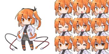 &gt;_&lt; +_+ 1girl :d :o :t @_@ a.i._voice adachi_rei black_pantyhose black_shirt blush_stickers bow brown_eyes cable chibi closed_mouth commentary_request fang gloves grey_skirt hair_between_eyes hair_bow hand_in_pocket highres hood hood_down hooded_jacket jacket jitome long_sleeves multiple_views open_clothes open_jacket open_mouth orange_eyes orange_shoes pantyhose parted_lips pleated_skirt pout ryogo shirt shoes side_ponytail simple_background skirt smile turn_pale utau v-shaped_eyebrows white_background white_bow white_gloves white_jacket |_|