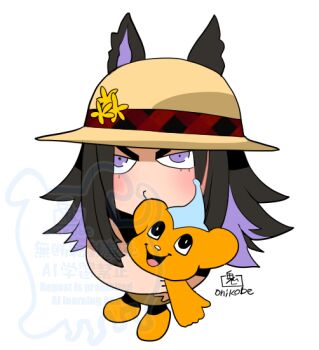 Rule 34 | 1girl, animal ears, black hair, blush, brown hat, chibi, chibi only, closed mouth, colored inner hair, commentary request, ears through headwear, fenomeno (umamusume), hat, holding, holding stuffed toy, horse ears, horse girl, long hair, multicolored hair, onikobe rin, purple eyes, purple hair, simple background, solo, stuffed animal, stuffed toy, sun hat, teddy bear, umamusume, upper body, v-shaped eyebrows, watermark, white background