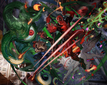 1girl 1other 2boys amaterasu_(ookami) animal_ears blue_pants blue_shirt cityscape claw_mark commentary_request deadpool fangs gloves gun highres holding holding_gun holding_sword holding_weapon looking_at_another looking_at_viewer marvel_vs._capcom marvel_vs._capcom_3 middle_finger multiple_boys one-eyed ookami_(game) open_mouth pants plant raccoon_boy raccoon_ears raccoon_tail red_gloves rocket_raccoon sheath shirt shuma_gorath spandex sword tail toujou_bun unsheathing vines weapon whiskers wolf_ears wolf_girl wolf_tail