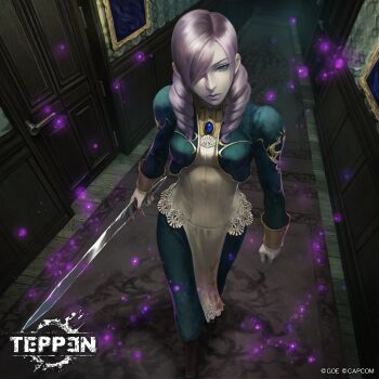 1girl blood blood_on_clothes blue_eyes capcom daniella demento door drill_hair drill_sidelocks gem hallway highres horror_(theme) loincloth looking_at_viewer looking_up official_art painting_(object) picture_frame purple_hair shiyuu_(shiyu) sidelocks sword teppen weapon