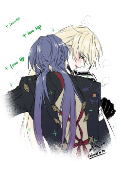 2boys absurdres blade_(honkai:_star_rail) blonde_hair blush couple grey_hair health_bar highres honkai:_star_rail honkai_(series) hug littlecatpor long_hair luocha_(honkai:_star_rail) multiple_boys open_mouth simple_background thai_commentary watermark white_background yaoi