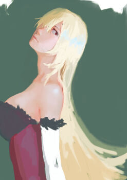 Rule 34 | 1girl, bad id, bad pixiv id, bare shoulders, blonde hair, breasts, dress, elbow gloves, eyelashes, female focus, from side, fur trim, gloves, green background, hair over one eye, head tilt, ishidah, kiss-shot acerola-orion heart-under-blade, large breasts, lips, long hair, looking back, monogatari (series), oshino shinobu, red eyes, simple background, solo, strapless, strapless dress, very long hair, white gloves