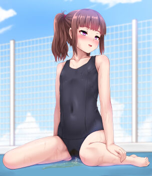 1girl absurdres blush brown_hair cameltoe flat_chest happy highres john_doe_shinobu one-piece_swimsuit open_mouth original outdoors peeing peeing_self poolside public_indecency puddle purple_eyes purposeful_wetting school_swimsuit smile solo swimsuit wet