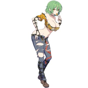 Rule 34 | 1girl, breasts, candy, cleavage, crossover, expressionless, food, green hair, hikage (senran kagura), large breasts, looking at viewer, lost sword: tales of britania, no panties, official art, open fly, pants, senran kagura, snake girl, tagme, tattoo, underboob