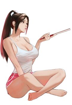 1girl bare_shoulders breasts brown_eyes brown_hair cleavage fatal_fury female_focus folding_fan hand_fan high_ponytail highres holding holding_fan j@ck large_breasts long_hair looking_at_viewer official_alternate_costume pink_shorts ponytail revealing_clothes shiranui_mai shiranui_mai_(casual) shorts sideboob simple_background snk solo street_fighter street_fighter_6 tank_top thighs white_tank_top