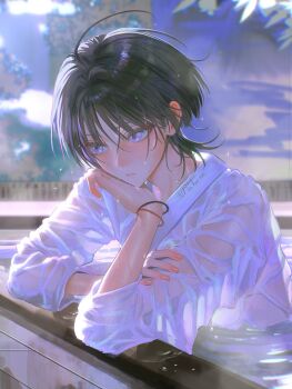 Rule 34 | 1boy, 4the2ofus, ahoge, blue eyes, bracelet, closed mouth, genshin impact, head rest, highres, jewelry, looking to the side, scaramouche (genshin impact), see-through clothes, solo, wanderer (genshin impact), water, watermark, wet, wet clothes