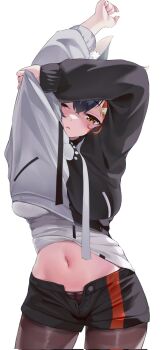 1girl animal_ears arms_up black_hair black_hoodie black_pantyhose black_shorts breasts commentary corrupted_twitter_file cowboy_shot hair_ornament hairclip highres hololive hood hoodie large_breasts midriff multicolored_hair navel official_alternate_costume ookami_mio ookami_mio_(hoodie) open_fly open_mouth pantyhose paw_print paw_print_pattern red_hair shirt short_shorts shorts simple_background solo straight-on streaked_hair symbol-only_commentary triangle_mouth two-tone_hoodie undressing virtual_youtuber white_background white_hoodie white_shirt wolf_ears wolf_girl xiaodong327399 yellow_eyes