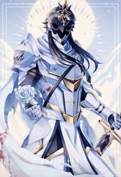 1boy absurdres alternate_costume armor black_hair breastplate cape capitano_(genshin_impact) commentary_request cowboy_shot faulds floating_hair flower genshin_impact helmet highres holding holding_flower holding_sword holding_weapon inset_border long_hair male_focus pauldrons rose shoulder_armor solo standing sword uouzzz weapon white_cape white_flower white_rose white_theme