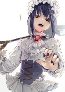 1boy absurdres ascot black_corset black_nails commentary_request corset ham3c hat highres holding holding_shovel jewelry long_sleeves looking_at_viewer male_focus mashiro_meme nail_polish nijisanji open_mouth pendant purple_hair shirt short_hair shovel simple_background solo speech_bubble translation_request trap upper_body virtual_youtuber white_ascot white_background white_hat white_shirt yellow_eyes