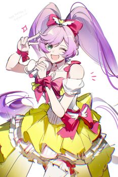 1girl :d bare_shoulders bow cowboy_shot detached_sleeves dress dress_bow frilled_thigh_strap green_eyes hair_bow hands_up happy_birthday hashtag-only_commentary highres holding holding_microphone idol idol_clothes layered_dress long_hair looking_at_viewer manaka_laala medium_dress microphone multicolored_dress one_eye_closed open_mouth pink_bow pink_dress pretty_series pripara puffy_short_sleeves puffy_sleeves purple_hair see-through_clothes see-through_sleeves short_sleeves simple_background sleeveless sleeveless_dress smile solo sparkle standing straight_hair tansuan_yun thigh_strap thighhighs twitter_username v very_long_hair white_background white_dress white_sleeves white_thighhighs wrist_bow yellow_dress