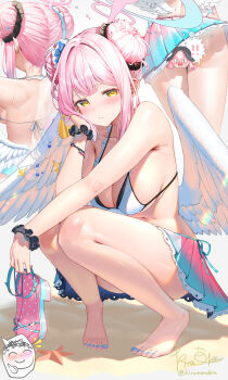 ! !! 1girl alternate_costume alternate_hairstyle angel_wings armpit_crease barefoot bikini black_scrunchie blue_archive blue_flower blue_nails blue_sandals blush breasts censored character_censor closed_mouth collarbone commentary_request doodle_sensei_(blue_archive) double_bun feathered_wings feet flower full_body gradient_clothes gradient_skirt hair_bun hair_flower hair_ornament hair_ribbon halo hand_on_own_cheek hand_on_own_face highres holding holding_sandals kiramarukou koharu_(blue_archive) large_breasts long_hair looking_at_viewer low_wings mika_(blue_archive) multiple_views nail_polish navel novelty_censor pink_hair pink_halo pink_sandals pink_skirt ribbon sand sandals scrunchie sensei_(blue_archive) skirt solo_focus squatting starfish stomach swimsuit thighs toenail_polish toenails toes white_bikini white_ribbon white_wings wings wrist_scrunchie yellow_eyes