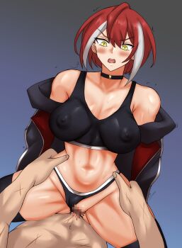 1boy 1girl ass blood blush censored choker clothed_sex clothing_aside defloration grave913 highres jacket multicolored_hair open_mouth original panties panties_aside penis pussy shiny_skin solo_focus terayama_homura thighhighs underwear vaginal waist_grab yellow_eyes