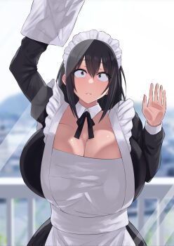 1girl against_glass apron arm_up balcony black_eyes black_hair blurry blurry_background breast_press breasts breasts_on_glass cleavage commentary_request day detached_collar highres huge_breasts long_sleeves maid maid_apron maid_headdress natsuishi_nana original outdoors sky standing upper_body white_sky wiping
