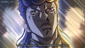 3boys birthmark blonde_hair dio_brando earrings eyelashes father_and_son genda_art giorno_giovanna heterochromia highres jewelry joestar_birthmark jojo_no_kimyou_na_bouken jonathan_joestar long_hair male_focus multiple_boys official_style phantom_blood scar scar_on_neck solo_focus stardust_crusaders stone_ocean thick_lips vento_aureo victory_rolls