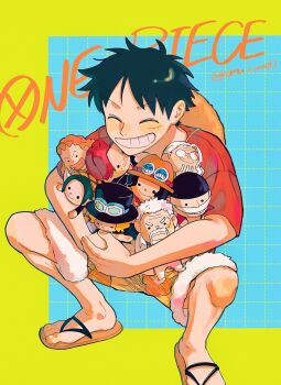 1boy black_hair blush character_doll copyright_name curly_dadan doll edward_newgate facial_scar fur-trimmed_shorts fur_trim grin hashtag-only_commentary hat highres holding holding_doll hugging_doll hugging_object komucom03 makino_(one_piece) male_focus monkey_d._garp monkey_d._luffy one_piece portgas_d._ace red_shirt sabo_(one_piece) sandals scar scar_on_cheek scar_on_face shanks_(one_piece) shirt short_hair shorts silvers_rayleigh smile squatting straw_hat twitter_username unworn_hat unworn_headwear yellow_shorts