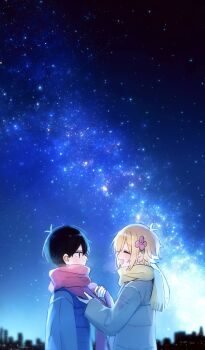 2boys alternate_costume antenna_hair basil_(faraway)_(omori) basil_(omori) black_coat black_eyes black_hair blonde_hair blush closed_eyes closed_mouth coat flower grey_coat hair_flower hair_ornament hashtag-only_commentary highres long_sleeves looking_at_another male_focus multiple_boys night night_sky omori open_mouth outdoors red_scarf s_thornlove scarf short_hair sky smile star_(sky) starry_sky sunny_(omori) teeth upper_teeth_only yellow_scarf