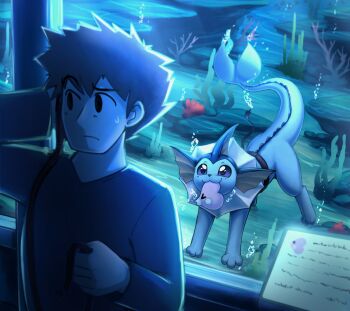 1boy air_bubble aquarium blue_skin brown_hair bubble colored_skin gen_1_pokemon gen_3_pokemon highres luvdisc nintendo otakuap pokemon pokemon_(creature) seaweed short_hair vaporeon
