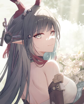 Rule 34 | 1girl, arknights, arknights: endfield, bare back, bare shoulders, breasts, closed mouth, commentary, flower, grey eyes, grey hair, hair ornament, highres, horns, light rays, looking at viewer, medium breasts, pointy ears, portrait, red horns, rose, ryui eu, smile, solo, white flower, white rose, zhuang fangyi (arknights)