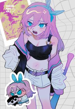 1girl absurdres adapted_costume anger_vein arm_at_side aubrey_(faraway)_(omori) aubrey_(omori) bare_shoulders baseball_bat black_jacket black_tank_top blue_eyes blue_hairband blush bow_hairband breasts character_doll chibi chibi_inset cleavage commentary copyright_name cowboy_shot denim denim_shorts doll double-parted_bangs from_above grey_background grid_background hair_between_eyes hairband halftone hand_in_pocket highres holding holding_baseball_bat holding_doll jacket jacket_partially_removed long_hair long_sleeves looking_ahead midriff navel omori open_mouth outline photo_(object) pink_hair pink_sailor_collar puffy_long_sleeves puffy_sleeves raglan_sleeves sailor_collar short_shorts shorts sidelocks simple_background small_breasts solo standing sunaoni704 sunny_(omori) symbol-only_commentary tank_top teeth tongue very_long_hair white_outline white_shorts white_sleeves