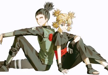 1boy 1girl back-to-back bandaged_leg bandages black_pants black_shirt black_shoes blonde_hair blue_eyes breasts closed_mouth fishnet_sleeves fishnets flak_jacket foot_out_of_frame green_vest headband highres jacket joma1010235 medium_breasts nara_shikamaru naruto_(series) naruto_shippuuden open-toe_shoes pants parted_bangs ponytail quad_tails shirt shoes sitting smile temari_(naruto) vest white_background