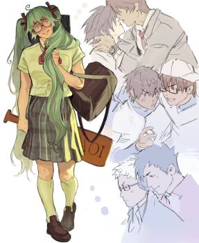 1girl 6+boys ace_of_diamond ahoge bag biting_own_lip black_bag black_shoes blush commentary confessions_of_a_rotten_girl_(vocaloid) death_note english_commentary green_hair grey_skirt haikyuu!! hatsune_miku highres holding holding_bag holding_own_hair image_in_thought_bubble isa_(babeyxiao) kneehighs kuroo_tetsurou l_(death_note) long_hair miyuki_kazuya multiple_boys pleated_skirt red_lips round_eyewear sawamura_eijun school_uniform shirt shoes simple_background skirt socks solo_focus standing sweat tsukishima_kei twintails white_background white_shirt white_socks yagami_light yaoi yaoi_paddle