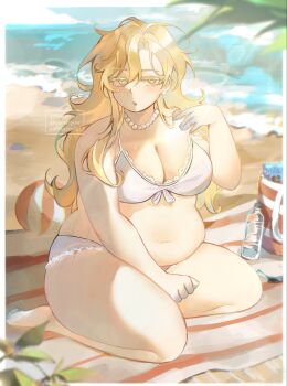 1girl ball beach beachball bikini blonde_hair bottle breasts character_request commentary english_commentary fancylxncy fat full_body genderswap genderswap_(mtf) highres large_breasts long_hair luka_(alien_stage) messy_hair outdoors seiza sitting swimsuit thick_thighs thighs water_bottle white_bikini yellow_eyes