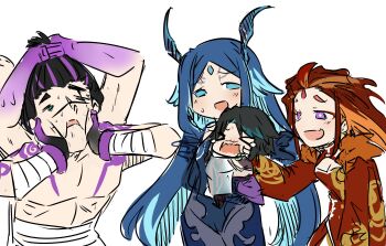 2boys 2girls absurdres black_hair blue_eyes blue_hair bonanus_(genshin_impact) bosacius_(genshin_impact) crying closed_eyes genshin_impact green_hair highres hug indarias_(genshin_impact) long_hair looking_at_another making_faces multicolored_hair multiple_boys multiple_girls open_mouth orange_hair purple_eyes purple_hair red_hair sesield short_hair smile tearing_up tears xiao_(genshin_impact)