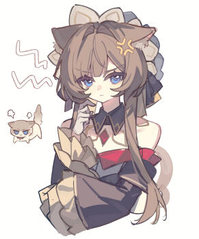 1girl :< anger_vein animal animal_ears animalization annoyed bare_shoulders blue_eyes brown_hair cat cat_ears cat_girl chinese_commentary closed_mouth commentary_request cropped_torso detached_collar detached_sleeves genshin_impact gloves hand_up headdress highres kemonomimi_mode long_hair long_sleeves looking_at_viewer person_and_animalization reido_0723 sandrone_(genshin_impact) solo upper_body white_gloves white_headdress