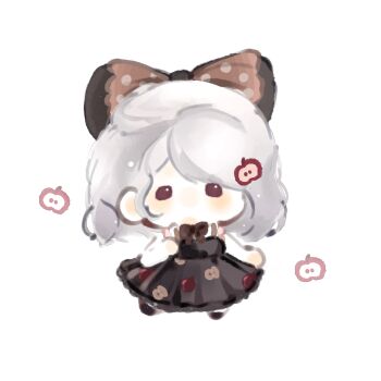 Rule 34 | 1girl, apple, apple hair ornament, apple print, bare arms, bare shoulders, black bow, black bowtie, black dress, black shoes, bow, bowtie, brown bow, brown eyes, chibi, chinese commentary, commentary request, dress, fengmi youzi hua, food, food-themed hair ornament, food print, frilled dress, frills, fruit, fruit print, fruity wish (infinity nikki), hair bow, hair ornament, hairclip, highres, infinity nikki, light blush, light particles, long dress, medium hair, nikki (series), no mouth, pleated dress, polka dot, polka dot bow, print dress, shoes, simple background, sleeveless, sleeveless dress, solid oval eyes, solo, standing, white background, white hair