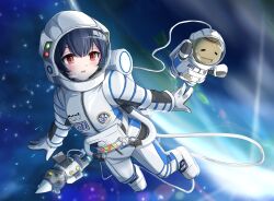 Rule 34 | 1girl, absurdres, astronaut, black hair, blurry, blurry background, character name, commission, full body, gloves, helmet, highres, howaso, idolmaster, idolmaster shiny colors, morino rinze, outdoors, pixiv commission, planet, red eyes, solo, space, space helmet, spacecraft, spacesuit, white gloves, zipper