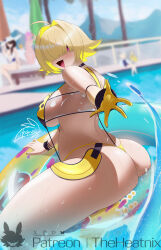 Rule 34 | 1girl, 4girls, ass, blonde hair, blue innertube, blurry, blush, breasts, day, depth of field, elegg (boom and shock) (nikke), elegg (nikke), from behind, gloves, goddess of victory: nikke, hair intakes, hair over eyes, highres, holding, holding swim ring, innertube, large breasts, liter (guardfish) (nikke), liter (nikke), long bangs, looking at viewer, looking back, mary (bay goddess) (nikke), mary (nikke), multicolored hair, multiple girls, outdoors, pool, purple eyes, see-through slingshot swimsuit, shiny skin, short hair, slingshot swimsuit, smile, solo focus, swim ring, swimsuit, theheatnix, two-sided gloves, two-tone hair, volt (nikke), water, wet, yellow gloves, yellow innertube, yellow slingshot swimsuit