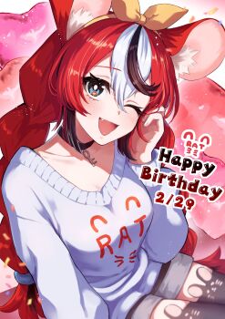 1girl absurdres adjusting_hair animal_ear_fluff animal_ear_legwear animal_ears birthday black_hair black_thighhighs blue_eyes bow braid breasts bright_pupils clothes_writing collarbone confetti double-parted_bangs english_text fang hair_between_eyes hairband hakos_baelz hand_on_own_face happy_birthday highres hololive hololive_english key mizuse_hazuki7 mouse_ears multicolored_hair one_eye_closed open_mouth red_hair shorts sitting smile strawberry_baelz sweater thighhighs thighs twin_braids virtual_youtuber white_hair white_sweater yellow_bow yellow_hairband zettai_ryouiki